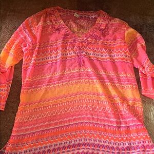Vibrant Pink and Orange Patterned Coverup with Embellished V Neck